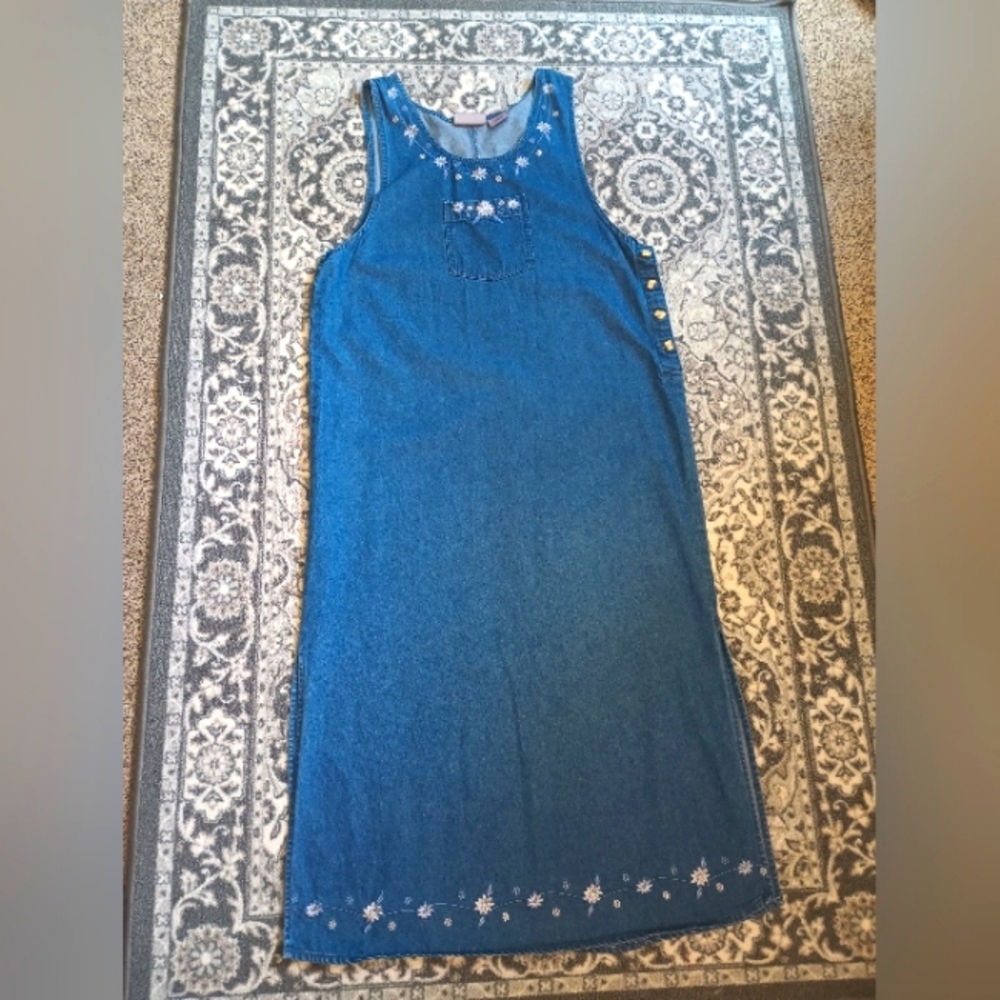 Premier International Women's Denim Jumper Maxi Dress Large Embroidered Cottage